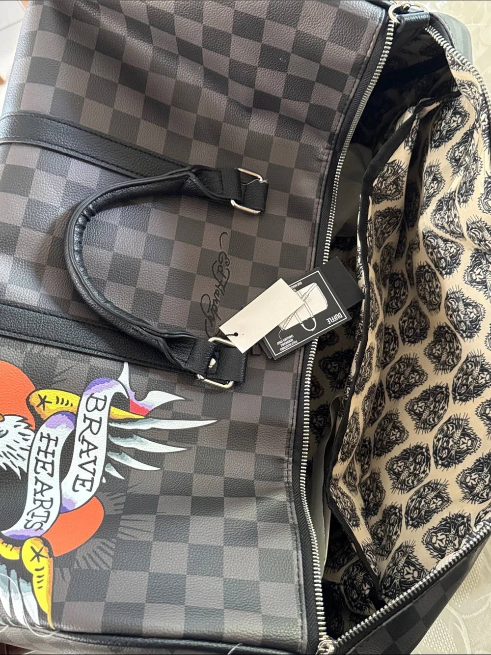 Ed Hardy Black Checkered Tote Bag Eagle Heart Graphic New